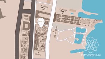 Orientační plánek budov a pláže - Prodej bytu 1+kk v osobním vlastnictví 38 m², Hurgáda