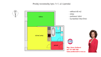 plánek - Prodej bytu 1+1 v osobním vlastnictví 43 m², České Budějovice