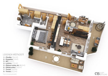 3D půdorys - Prodej bytu 3+kk v osobním vlastnictví 121 m², Vrchlabí
