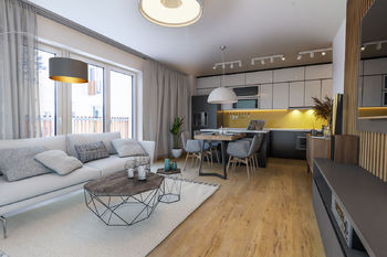 Obývací pokoj s kuch. koutem (vizualizace) - Prodej bytu 3+kk v osobním vlastnictví 121 m², Vrchlabí