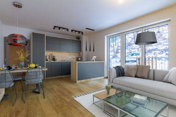 Obývací pokoj s kuch. koutem (vizualizace) - Prodej bytu 3+kk v osobním vlastnictví 84 m², Vrchlabí