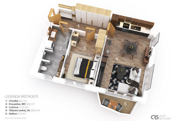 3D půdorys - Prodej bytu 2+kk v osobním vlastnictví 63 m², Vrchlabí