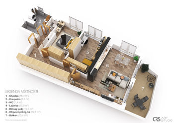 3D půdorys - Prodej bytu 3+kk v osobním vlastnictví 86 m², Vrchlabí