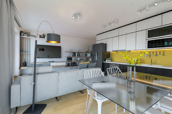 Obývací pokoj s kuch. koutem (vizualizace) - Prodej bytu 3+kk v osobním vlastnictví 100 m², Vrchlabí 