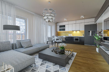 Obývací pokoj s kuch. koutem (vizualizace) - Prodej bytu 3+kk v osobním vlastnictví 87 m², Vrchlabí 
