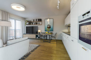 Obývací pokoj s kuch. koutem (vizualizace) - Prodej bytu 3+kk v osobním vlastnictví 71 m², Vrchlabí