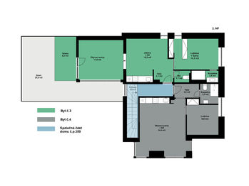 Orientační půdorys patra s vyznačením společné části domu - Pronájem bytu 2+kk v osobním vlastnictví 94 m², Poděbrady