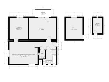 Půdorys bytu a sklepních kójí (okótovaný) - Prodej bytu 3+kk v osobním vlastnictví 72 m², Týnec nad Sázavou
