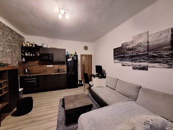 Obývací pokoj s kuchyňským koutem  - Prodej bytu 2+kk v osobním vlastnictví 42 m², Brno