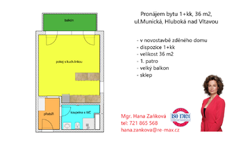 plánek - Pronájem bytu 1+kk v osobním vlastnictví 36 m², Hluboká nad Vltavou