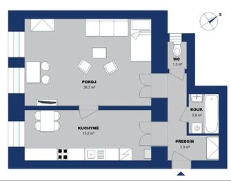 půdorys - Pronájem bytu 1+1 v osobním vlastnictví 51 m², Brno