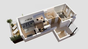 3D půdorys bytu - Prodej bytu 2+kk v osobním vlastnictví 52 m², Slaný