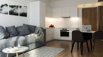 vizualizace obývacího pokoje s kuchyňským koutem - Prodej bytu 2+kk v osobním vlastnictví 52 m², Slaný