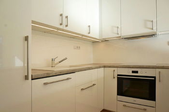 Kuchyňský kout s vestavnými spotřebiči - varná deska, trouba, myčka, lednice s mrazákem a digestoř s odtahem do komína - Pronájem bytu 3+kk v osobním vlastnictví 62 m², Brno
