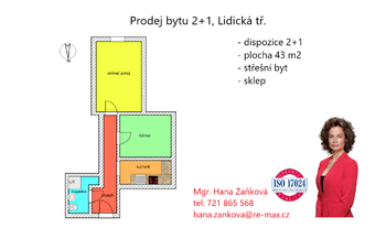 plánek - Prodej bytu 2+1 v osobním vlastnictví 43 m², České Budějovice