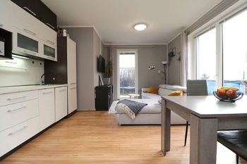 Kuchyň + obývací pokoj - Prodej bytu 3+kk v osobním vlastnictví 61 m², Milovice