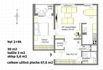přehledný půdorys uspořádání bytu  - Pronájem bytu 2+kk v osobním vlastnictví 59 m², Praha 8 - Bohnice