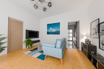 Obývací pokoj (za ním kuchyň) v přízemí - vizualizace - Prodej domu 95 m², Český Brod