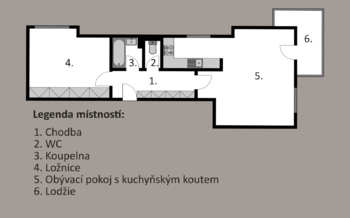 Půdorys jednotky - Pronájem bytu 2+kk v osobním vlastnictví 63 m², Praha 8 - Libeň
