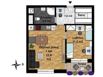 vzor pro rozložení nábytku při bydlení 1 dospělý a 2 děti  - Pronájem bytu 2+kk v osobním vlastnictví 51 m², Praha 10 - Uhříněves