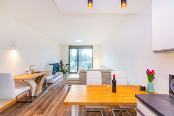 Obývací pokoj s kuchyňským koutem - Prodej bytu 2+kk v osobním vlastnictví 57 m², Praha 9 - Vysočany