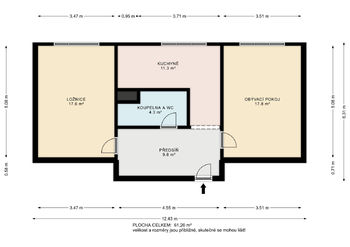 půdorys - Prodej bytu 2+1 v osobním vlastnictví 61 m², Postoloprty