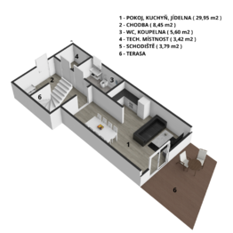 3D půdorys -dispozice 1.NP - Prodej domu 103 m², Čeladná