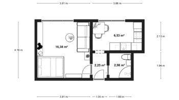 2D půdorys - Pronájem bytu 1+1 v osobním vlastnictví 28 m², Velké Březno