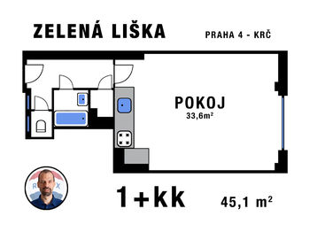 Zelená liška - půdorys bytu (Braňo Pažitka) - Prodej bytu 1+kk v osobním vlastnictví 45 m², Praha 4 - Krč