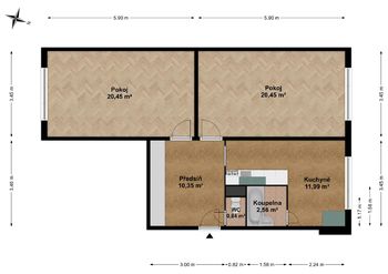 Plánek bytu 2D - Prodej bytu 2+1 v osobním vlastnictví 67 m², Praha 10 - Hostivař