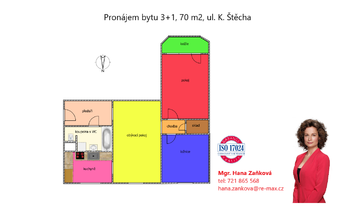 plánek - Pronájem bytu 3+1 v osobním vlastnictví 70 m², České Budějovice