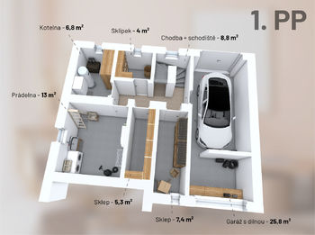Půdorys 1.PP - stávající stav - Prodej domu 215 m², Strakonice