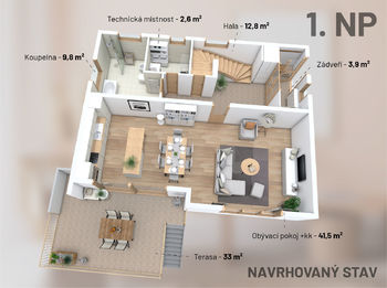 Půdorys - 1.NP - navrhovaný stav - Prodej domu 215 m², Strakonice