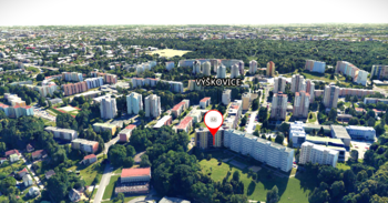 Letecký pohled na dům. - Prodej bytu 1+1 v osobním vlastnictví 39 m², Ostrava