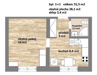 půdorys bytu - Pronájem bytu 1+1 v družstevním vlastnictví 28 m², Praha 4 - Krč