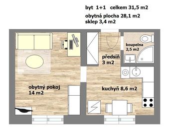 půdorys možné uspořádání nábytku - Pronájem bytu 1+1 v družstevním vlastnictví 28 m², Praha 4 - Krč