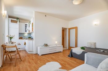 Na vstupní předsíň navazuje pokoj s kuchyňským koutem - Prodej bytu 1+kk v osobním vlastnictví 28 m², Praha 10 - Vinohrady