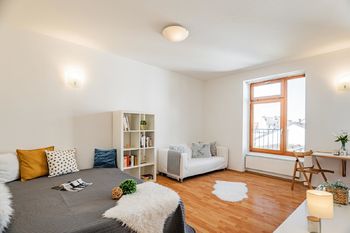 Prostorný pokoj s výhledem do vnitrobloku domů - Prodej bytu 1+kk v osobním vlastnictví 28 m², Praha 10 - Vinohrady