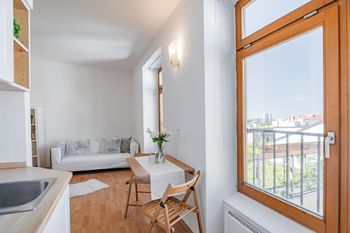 Dřevěná okna nabízí krásný výhled na Prahu - Prodej bytu 1+kk v osobním vlastnictví 28 m², Praha 10 - Vinohrady