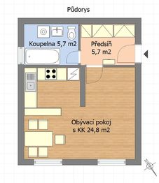 Půdorys - Pronájem bytu 1+kk v osobním vlastnictví 39 m², Černošice