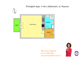 plánek - Pronájem bytu 1+kk v osobním vlastnictví 36 m², České Budějovice