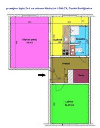 orientační půdorys bytu - Pronájem bytu 2+1 v osobním vlastnictví 48 m², České Budějovice