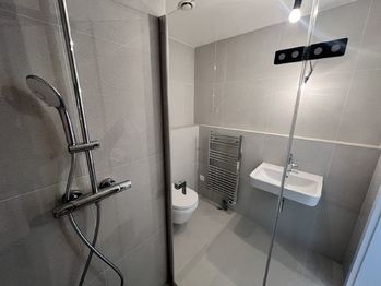 WC společné s koupelnou, sprchový kout - Prodej bytu 1+kk v osobním vlastnictví 28 m², Praha 8 - Karlín