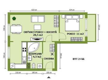 půdorys 2D - Pronájem bytu 2+1 v osobním vlastnictví 53 m², Neratovice