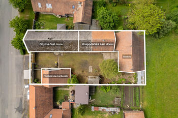 Letecký pohled na dům a pozemek s označením částí  - Prodej domu 107 m², Žiželice