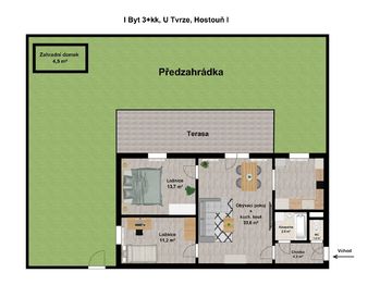 Byt 3+kk, Hostouň-  orientační plánek bytu a zahrádky - Prodej bytu 3+kk v osobním vlastnictví 63 m², Hostouň
