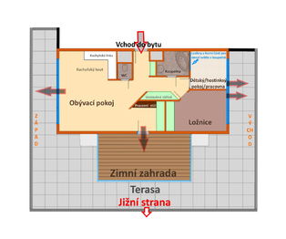 Plánek bytu i s terasou. - Pronájem bytu 3+kk v osobním vlastnictví 200 m², Praha 7 - Holešovice