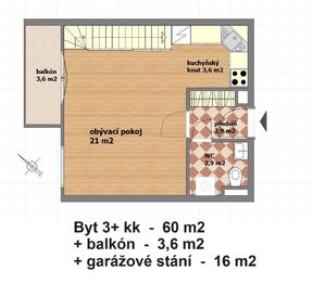 půdorys spodní patro - Pronájem bytu 3+kk v osobním vlastnictví 60 m², Praha 5 - Radotín