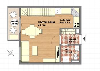 půdorys možné uspořádání nábytku - Pronájem bytu 3+kk v osobním vlastnictví 60 m², Praha 5 - Radotín