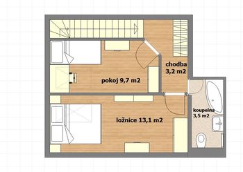 půdorys patro možné uspořádání nábytku - Pronájem bytu 3+kk v osobním vlastnictví 60 m², Praha 5 - Radotín